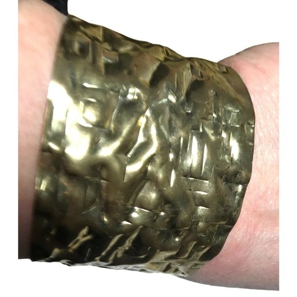 Handmade Gold Tone Steel Brutalist Modernist Wide Cuff Bracelet Unique Artisan - Picture 7 of 8